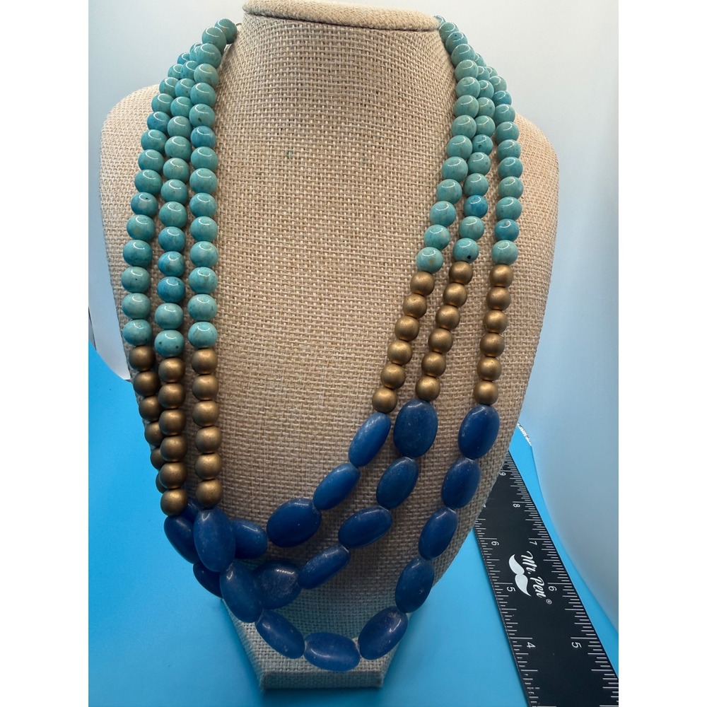 Vintage Triple Strand Gold Cobalt Blue Beaded Statement Necklace Boho
